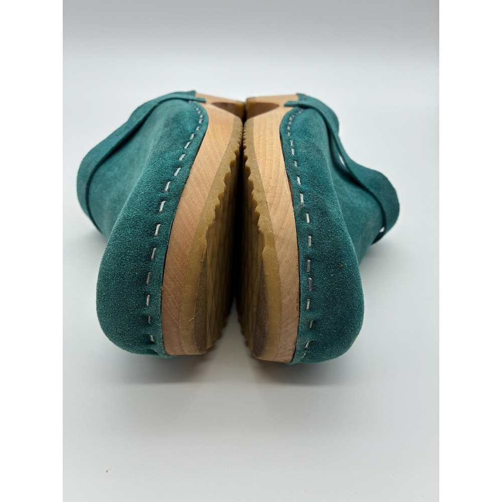 Swedish Hasbeens Teal Suede Clogs, Size 37 (US 6.5-7), Wood Sole Slip-On Mules - Picture 6 of 11